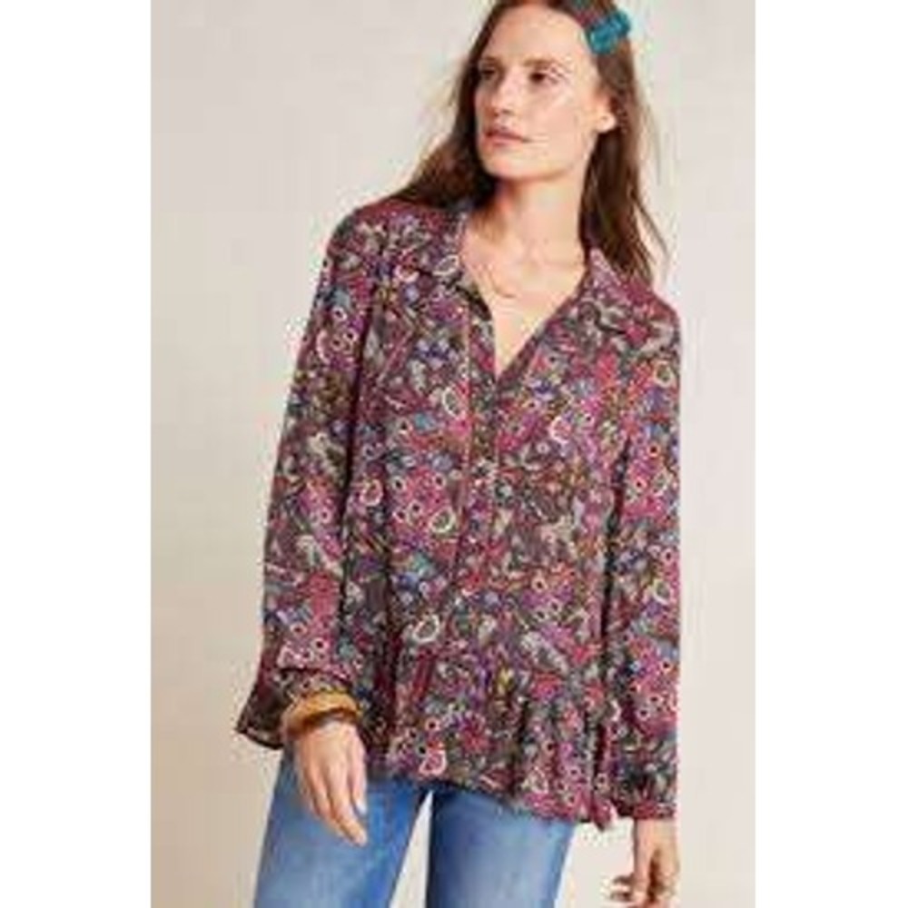 Maeve Anthropologie Burgundy Floral Peplum Lace Blouse SZ 2 Paisley Whimsigoth